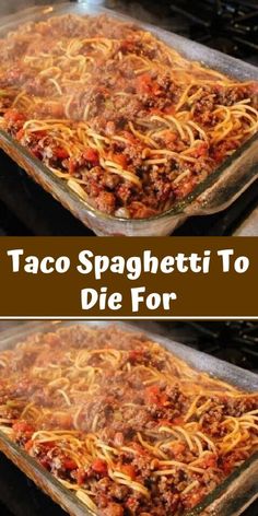 two pans filled with taco spaghetti on top of an open stovetop, and the words weight watchers'taco spaghetti recipe below