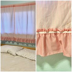 two pictures side by side, one with pink curtains and the other with white sheets