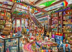 an artistic painting of a store filled with lots of toys and people looking at items