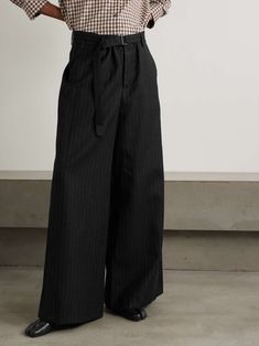 SACAI Belted pinstriped brushed wool-twill wide-leg pants | NET-A-PORTER Net A Porter, Women Collection, Leg Pants, Wide Leg Pants, Porter, Wide Leg, Wool, Pants, Clothes