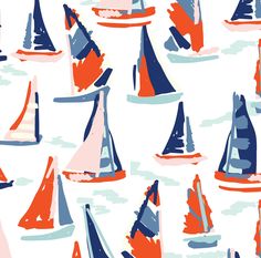 a lot of sailboats that are in the water together on a white background with blue and red colors