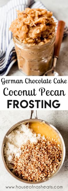 german chocolate cake with coconut pecan frosting in a glass jar and on the side