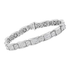 Elegant and timeless, this gorgeous 14K white gold alternating station tennis bracelet features 5.0 carat total weight of invisible set, princess cut diamonds with a whopping 252 stones in all. The tennis bracelet features alternating small and large hinged rectangular links inset with rows of square diamonds. The 7Ã¢â‚¬Â bracelet fastens with a box with tongue clasp. This authentic design is crafted of real 14 karat gold, a precious metal that will keep a tarnish-free shine for years to come. Classic Brilliant Cut Diamond Bracelet, Classic Rectangular Diamond Bracelet With Brilliant Cut, Classic Rectangular Brilliant Cut Diamond Bracelet, Classic Rectangular Tennis Bracelet For Anniversary, Classic Rectangular Tennis Bracelet For Weddings, Formal White Gold Rectangular Tennis Bracelet, Classic White Gold Tennis Bracelet, Fine Jewelry White Gold Rectangular Tennis Bracelet, Formal White Gold Tennis Bracelet With Rectangular Shape