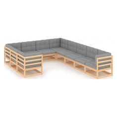 the sectional couch is made out of wood and has grey upholstered fabric on it