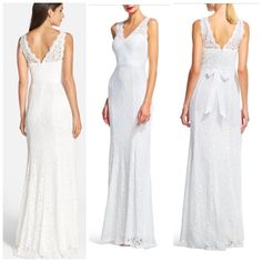 three different views of the same white wedding dress, one with a bow at the waist