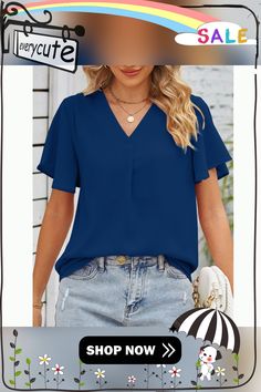 Navy Blue Pleated V Neck Short Sleeve Top Blue Relaxed Fit Solid Color Blouse, Blue Relaxed Fit Top For Office, Blue Relaxed Fit Office Tops, Blue Short Sleeve Tops For Office, Blue Short Sleeve Blouse, Top Women, Women Tops, Short Sleeve Top, Short Sleeves Tops