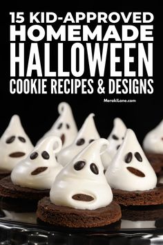 halloween cookies with white icing and ghost faces on them are displayed in front of the words, 15 kid - approved homemade halloween cookie recipes & designs