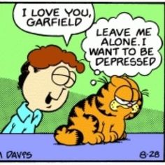 a cartoon character is talking to a cat with a thought bubble above it that says, i love you garfield