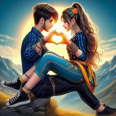 a couple sitting on top of a hill making a heart shape with their hands while the sun sets behind them