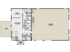 the first floor plan for a home with two separate living areas and an attached garage