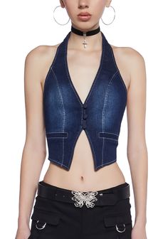 cuz you’re the sweetest thing. This fully lined vest has a stretchy denim construction, decorative front pockets, contrast threading, an adjustable back buckle closure, a ruched elastic halter, a cropped fit, and a front button up closure. Summer Graduation Dress, Kiss Outfits, Halter Vest, The Sweetest Thing, Fairy Dresses, Festival Shop, Sweetest Thing, Pride Outfit, Cropped Vest