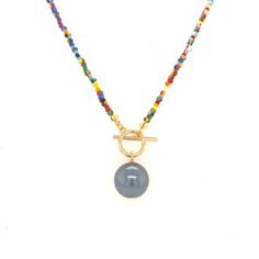 Multicolor Bead & Grey Faux Pearl Toggle Necklace 18-20" Length Multicolor Beaded Lariat Necklace, Multicolor Beaded Lariat Necklace With Round Beads, Beaded Necklaces With Round Beads And Toggle Clasp, Gift Beaded Necklaces With Toggle Clasp And Round Beads, Gold Beaded Necklace With Toggle Clasp, Toggle Clasp Necklace With Round Beads, Gold Beaded Toggle Necklace With Round Beads, Gold Toggle Necklace With Round Beads, Beaded Toggle Necklace With Round Beads