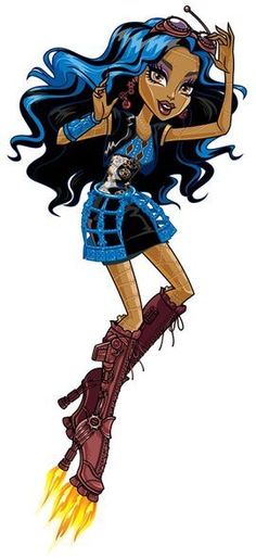 a drawing of a girl with blue hair and boots