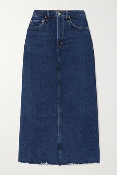 AGOLDE says this 'Hilla' skirt is "designed to be the piece you build your outfit around." Inspired by styles from the mid-'90s, it's cut from dark certified organic denim blended with pre- and post-consumer cotton. The frayed hem is split at the back for a comfortable fit.<br><br>This product was created using Considered Materials. Find out more about NET SUSTAIN <a href="https://www.net-a-porter.com/en-gb/campaigns/net-sustain">here.</a… Build Your Outfit, Midi Wrap Skirt, Long Denim Skirt, Spring Capsule Wardrobe, Denim Maxi, Denim Maxi Skirt, Denim Midi Skirt, Fashion Mode, Casual Elegance