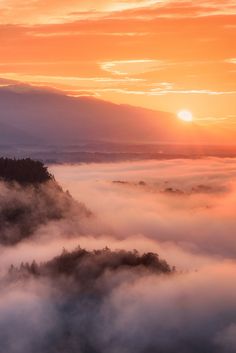 the sun is setting over some trees and fog in the valley, as seen from above