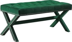 a green bench with studded trimmings on the legs and footrests