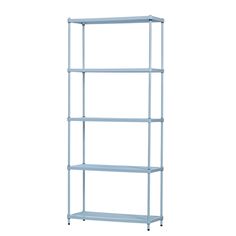 a blue shelving unit with four shelves