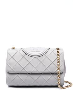 light grey smooth grain quilted embossed logo to the front chain-link shoulder strap foldover top with magnetic fastening partitioned compartment internal logo plaque internal zip-fastening pocket Tory Burch Fleming Convertible Shoulder Bag, Tory Burch Shoulder Bag, Beige Bag, Convertible Bags, Tory Burch Bag, Strap Top, Wallet Chain, Wallet Bag, Quilted Leather