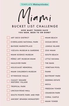 the ultimate bucket list for miami in pink and white with text that reads, bucket list challenge