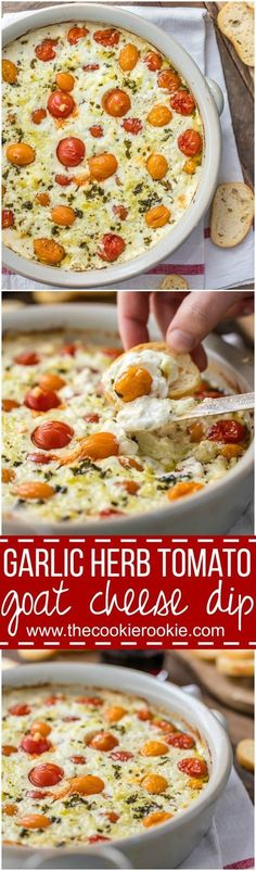 garlic herb tomato goat cheese dip in a casserole dish