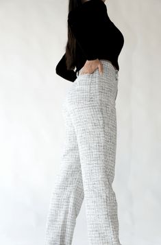 Tweed High Waisted Pant. Tweed Material. Model wears a size small. Fits true to size. Tweed Material, Tweed Pants, British Indian, High Waisted Pants, Set Dress, Lounge Wear, High Waisted, Boutique, Pants