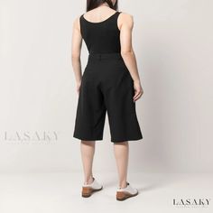 Lasaky - Stylish Casual Straight-Fit Black Five-Pocket Slacks with Trendy Angled Waist Pockets Black Cotton Casual Culottes, Casual Black Cotton Culottes, Casual Black Culottes With Pockets, Black Ankle-length Culottes With Pockets, Workwear Short Culottes With Pockets, Workwear Culottes With Pockets In Short Length, Workwear Culottes With Pockets, Black High-waist Culottes With Pockets, High Waist Black Culottes With Pockets