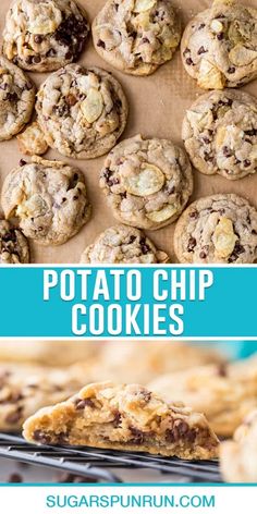 chocolate chip cookies on a cooling rack with the words potato chip cookies in front of them