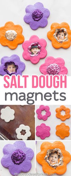 salt dough magnets that are shaped like flowers and have glitter in the middle, with text overlay reading salt dough magnets