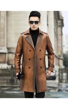 Stay stylish and comfortable with this men's slim-fit trench coat. Perfect for casual occasions, it boasts a double-breasted button closure and pockets. Crafted from high-quality sheepskin in a solid pattern, this coat effortlessly adds a touch of glamour to your look. Don't pass up the chance to stay both cozy and chic! SpecificationsBrand Name: GeraldBlackOrigin: Mainland ChinaCN: ZhejiangApplicable Season: Autumn And WinterMaterial: SheepskinThickness: STANDARDLining Material: PolyesterApplicable Scene: CasualStyle: Smart CasualOuterwear Type: Leather & SuedeDecoration: ButtonDecoration: PocketsClothing Length: longGender: MENPlace Of Origin: China (Mainland)Detachable Part: NONEType: SlimCollar: Turn-down CollarClosure Type: Double BreastedHooded: NoPattern Type: SolidSleeve Length(cm) Luxury Leather Outerwear With Double-breasted Button, Luxury Leather Double-breasted Outerwear, Classic Leather Jacket With Double-breasted Button, Winter Leather Outerwear With Double-breasted Buttons, Winter Leather Double-breasted Outerwear, Brown Pea Coat With Button Closure For Business, Luxury Brown Pea Coat With Button Closure, Luxury Brown Pea Coat With Lapel Collar, Winter Leather Jacket With Double-breasted Button