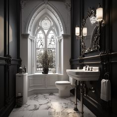 Gorgeous Victorian Gothic half bath in black and white. Gothic Glam Bathroom, Modern Gothic Style Home Interior Design, Dark Home Decor Apartment, White Gothic Bathroom, Victorian Gothic Bathroom Ideas, White Goth Home Decor, White Gothic Interior, Black Victorian Bathroom, Gothic Princess Bedroom