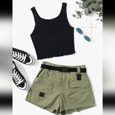 Notch Neck Detail Cropped Black Tank Top With Lettuce Trim. Olive Green Cargo Shorts With Buckle Belt. Never Been Worn, Still In Original Bag From Shein. Size Large (8/10), Shorts Run Small. Charlie Puth Concert Outfit, Casual Shorts Outfit For Women, Tank Top And Shorts Outfits, Grungy Summer Outfits, Cute Shorts Outfits, Tank Top Shorts Outfit, Summer Cute Outfits, Green Shorts Outfit, Shorts And Crop Top