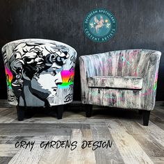 two chairs sitting next to each other in front of a wall with the words grey gardens design on it