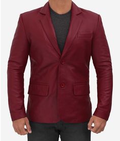 This maroon leather blazer for men is premium full-grain leather and best suited for formal and semi-formal gatherings. Its sleek, polished appearance can lift your overall style game. The polyester lining inside makes it more comfortable and durable. This mens leather blazer features a two-button closure with a broad lapel. Because of the decorated seams all over this blazer jacket, it is highly suited for formal meetings and get-togethers. It has two external pockets, and polyester lining adds Formal Leather Jacket With Long Sleeves, Fitted Leather Sport Coat For Semi-formal Occasions, Elegant Leather Biker Jacket For Formal Occasions, Leather Single Breasted Fitted Sport Coat, Fitted Single-breasted Leather Sport Coat, Fitted Leather Single-breasted Sport Coat, Formal Leather Sport Coat, Formal Fitted Leather Biker Jacket, Semi-formal Long Sleeve Leather Blazer