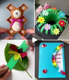 four pictures with different types of paper flowers and teddy bears, one is made out of construction paper