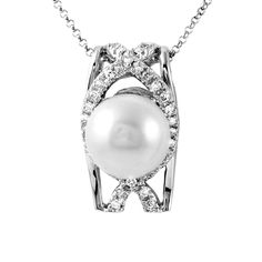 0.29ctw Diamond and 9.70ct Pearl  Pendant with Chain in 18k White Gold Pendant With Chain, May 17, Pearl Pendant, Pendant Necklaces, Jewelry Necklace Pendant, Jewelry Necklaces, Angeles, White Gold, Necklaces