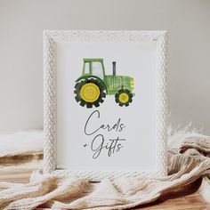 a card with a green tractor on it and the words grade gifts written in black