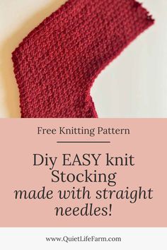 a red knitted tie with text overlay that reads free knitting pattern diy easy knit stocking made with straight needles