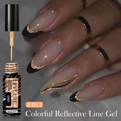 4.80795E+13 Almond Gel Nails Black, Black With Gold French Tip Nails, Black White And Gold Almond Nails, Good Wedding Nails, Prom Nails Black Almond, Black Glitter Tips Nails, Almond Party Nails, Almond Nails Fancy Designs, Anniversary Nails Designs