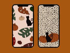 two phone cases with cats and pumpkins on them