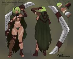 two female characters in different poses with swords