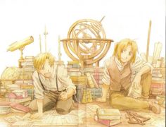 two anime characters sitting next to each other in front of books and an old spinning wheel