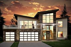 this is a computer rendering of a modern house with two garages and an attached balcony