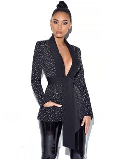 Visionary Crystal Embellished Black Blazer Jacket – Miss Circle Trench Coat Style, Belted Blazer, Fashion District, Stretch Crepe, Long Sleeve Mini, Black Blazer, Blazer Dress, Black Blazers, Product Images