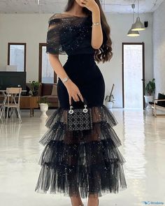 OrcaJump - Exquisite Glitter Adorned Layered Sheer Mesh Party Dress Form Fitting Black Dress, Mesh Party Dress, Maxi Rok, Glamorous Party, Black Party Dresses, فستان سهرة, Solid Color Dress, Black Evening Dresses, Maxi Dress Formal