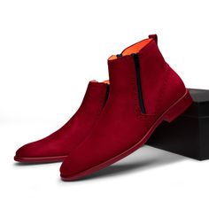 Made With Premium Breathable Suede Fiber Upper. Made With Soft Lycra Lining And Removable Soft Eva Insole For Comfort. Toe Shape Round Pattern Plain Closure Slip On Width Standard Upper Mat Microfiber Upper Color Red Lining Mat Lycra Lining Color Orange Insole Mat Eva Insole Color Orange Sole Mat Pu Sole Color Red Red Slip-on Boots With Rubber Sole, Red Chelsea Boots With Round Toe For Fall, Adam Style, Round Pattern, Suede Chelsea Boots, Men Suede, Chelsea Ankle Boots, Red Sole, Red Suede