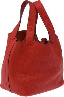 Hermes Vermillion Red Clemence Leather Picotin PM Bag. Picotin Outfit, Hermes Picotin Outfit, Vermillion Red, Hermes Picotin, Purse Boutique, Red Leather Bag, Colorful Handbags, Red Tote Bag, Cheap Purses