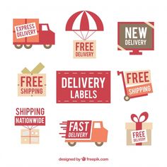 different types of delivery labels and stickers on a white background with free shipping text