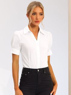 Shop Allegra K for button down leotard shirt short sleeve collared business work bodysuit you are looking for, get more women's bodysuits for yourelf. Order now! Free Returns! Classic Short Sleeve Solid Color Shirt, Fitted V-neck Shirt With Button Closure, Stretch Blouse With Button Closure For Office, Office Blouse With Button Closure And Stretch Fit, Fitted Solid Color Top For Work, Short Sleeve Button Closure Office Tops, Short Sleeve Office Top With Button Closure, Solid Fitted Shirt With Collared Neckline, Solid Short Sleeve Blouse For Office