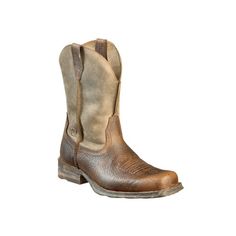 Enjoy a classic, rugged look from a pair of no frills Western boots with the Ariat Rambler Western Boots for Men. Built to last, the Rambler starts with strong, distressed leather uppers that give these unlined boots a great pre-worn look. ATS footbeds support and cushion feet for reduced fatigue, so you can work or play all day. Hardy Duratread rubber outsole feature a scoured surface and work-friendly 1.625" Country heel. Square toe. Pull loops. Average height per pair: 11". Imported.Manufactu Rugged Work Boots For Western-themed Events, Rugged Work Boots With Reinforced Toe, Rustic Moto Boots With Moc Toe For Ranch, Rustic Moc Toe Moto Boots For Ranch, Rugged Boots With Reinforced Toe, Rugged Leather Moto Boots For Ranch, Rustic Leather Moto Boots For Ranch, Rugged Distressed Brown Moto Boots With Snip Toe, Rugged Distressed Brown Snip Toe Moto Boots