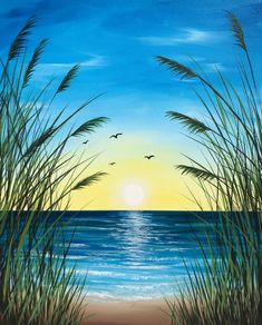 an oil painting of the beach at sunset with sea oats and birds flying in the sky